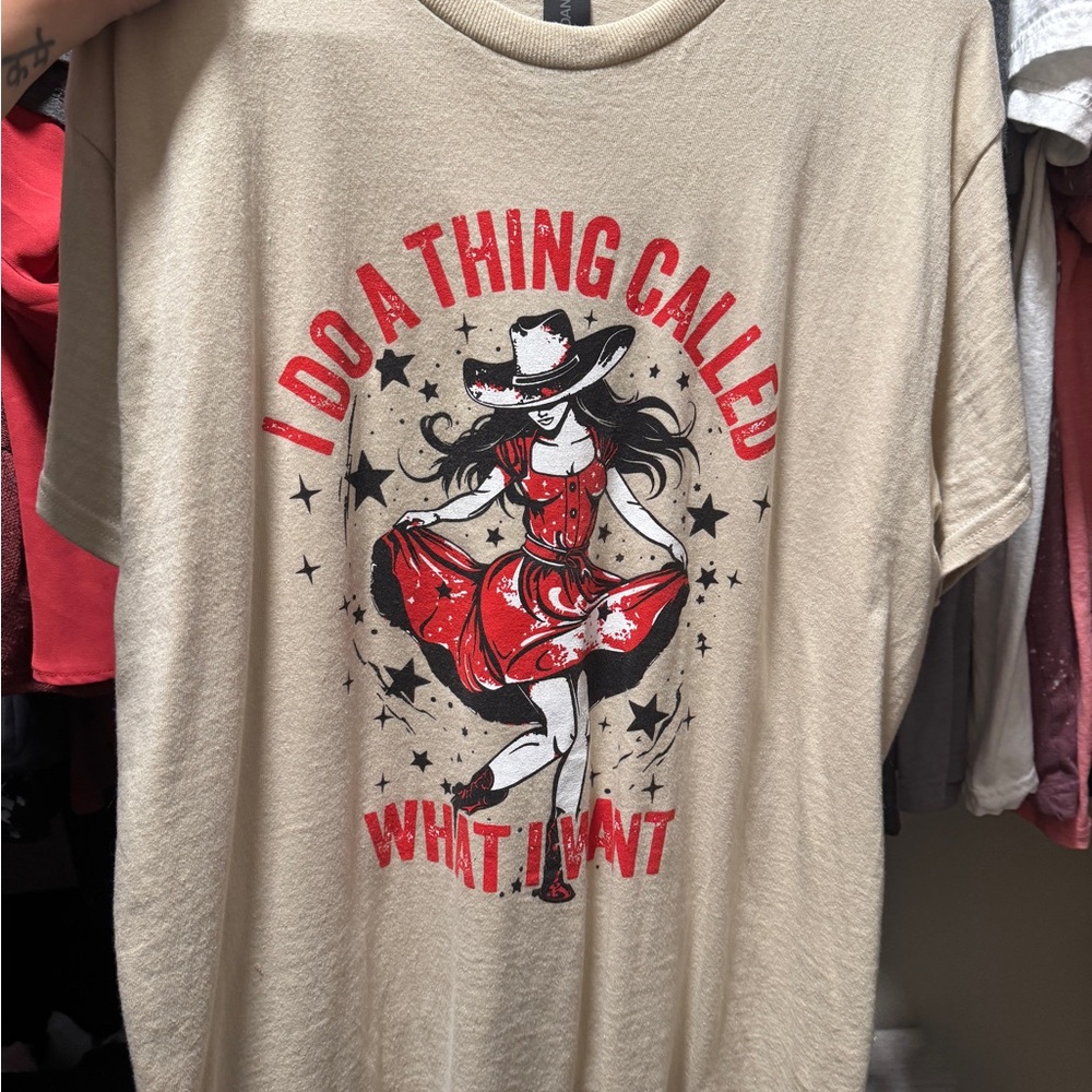 Beige Graphic Tee with Red Accents